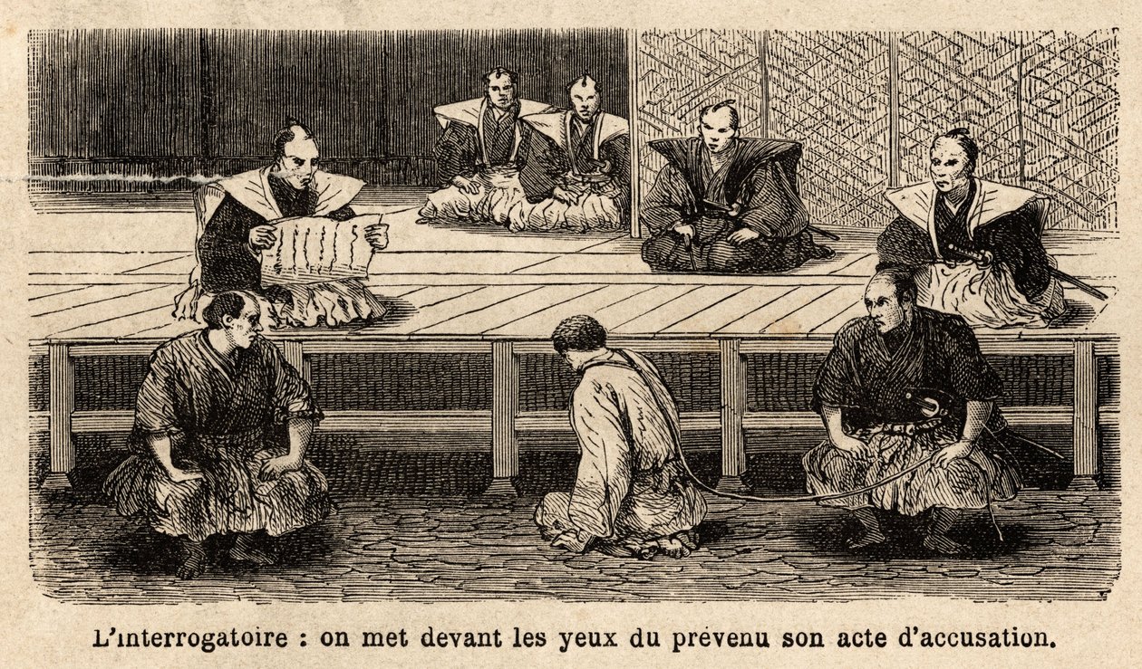 Die Stufen der Gerechtigkeit: Verhör, Verlesung der Anklageschrift an den Angeklagten, der vor seinen Richtern steht, kniet, sein Hals wird von einem Seil gehalten, das ein Wächter hält. Illustration der Reise nach Japan, 1863-1864, von Aime Humbert, Minis von Unknown artist