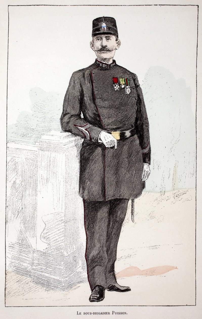 Der Unterbrigadier Poisson. Farbradierung zur Illustration „Histoire du corps des gardiens de la paix“, Buch veröffentlicht unter der Schirmherrschaft von Louis Lepine (1846-1933), Polizeipräfekt der Seine, von Alfred Rey (1864-?) und Louis Feron (1862-?). von Unknown artist