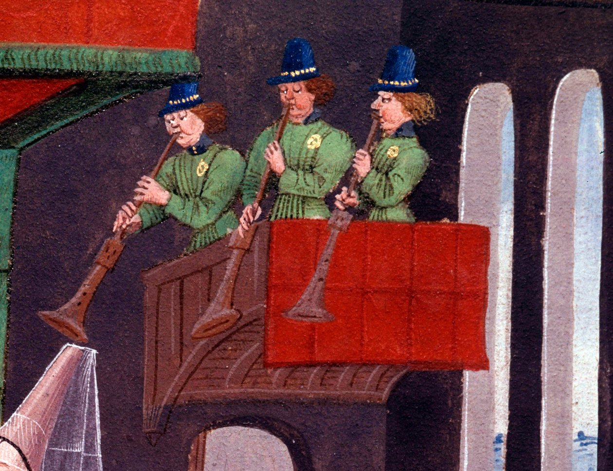 Das Hochzeitsbankett von Clarisse, Tochter von König Yvon von Gascogne und Renaud (Detail). Miniatur aus dem Manuskript „Renaud de Montauban“ oder „Les quatre fils Aymon“ von Loyset Liedet (aktiv zwischen 1448 und 1478). Ms. 5073 von Unknown artist