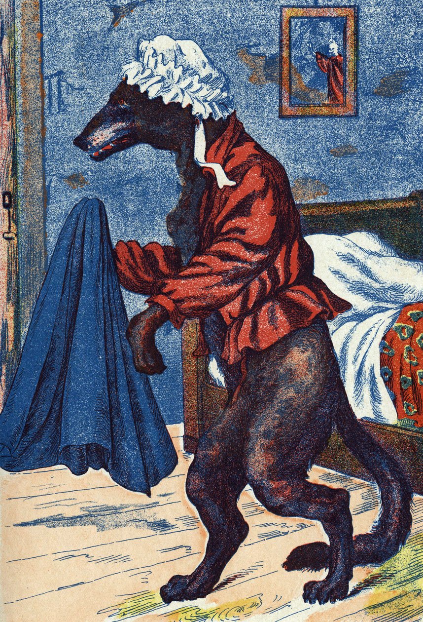 Der Wolf zieht die Kleider der Großmutter an. Anonyme Illustration für „Rotkäppchen“, Märchen von Charles Perrault (1628-1703), französischer Schriftsteller. Bildmaterial Marcel Vagne, Jarville Nancy, undatiert (spätes 19. Jahrhundert) von Unknown artist