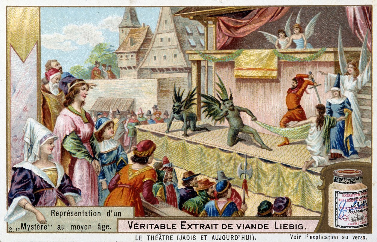 Theater: Darstellung eines Mysteriums im Mittelalter - Liebig Chromolithographie von Unknown artist