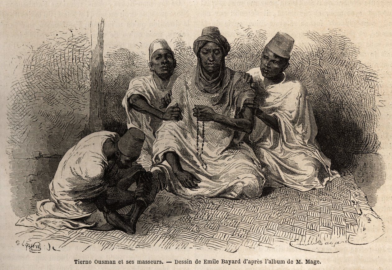 Tierno Ousman, vom Toucouleur-Stamm, Dorfvorsteher von Guemmou Koura (Mali), hält eine muslimische Gebetskette mit großen Körnern, rezitiert seine Gebete, während seine Masseure seinen Rücken und seine Beine massieren. Gravur zur Illustration der Reise nac von Unknown artist