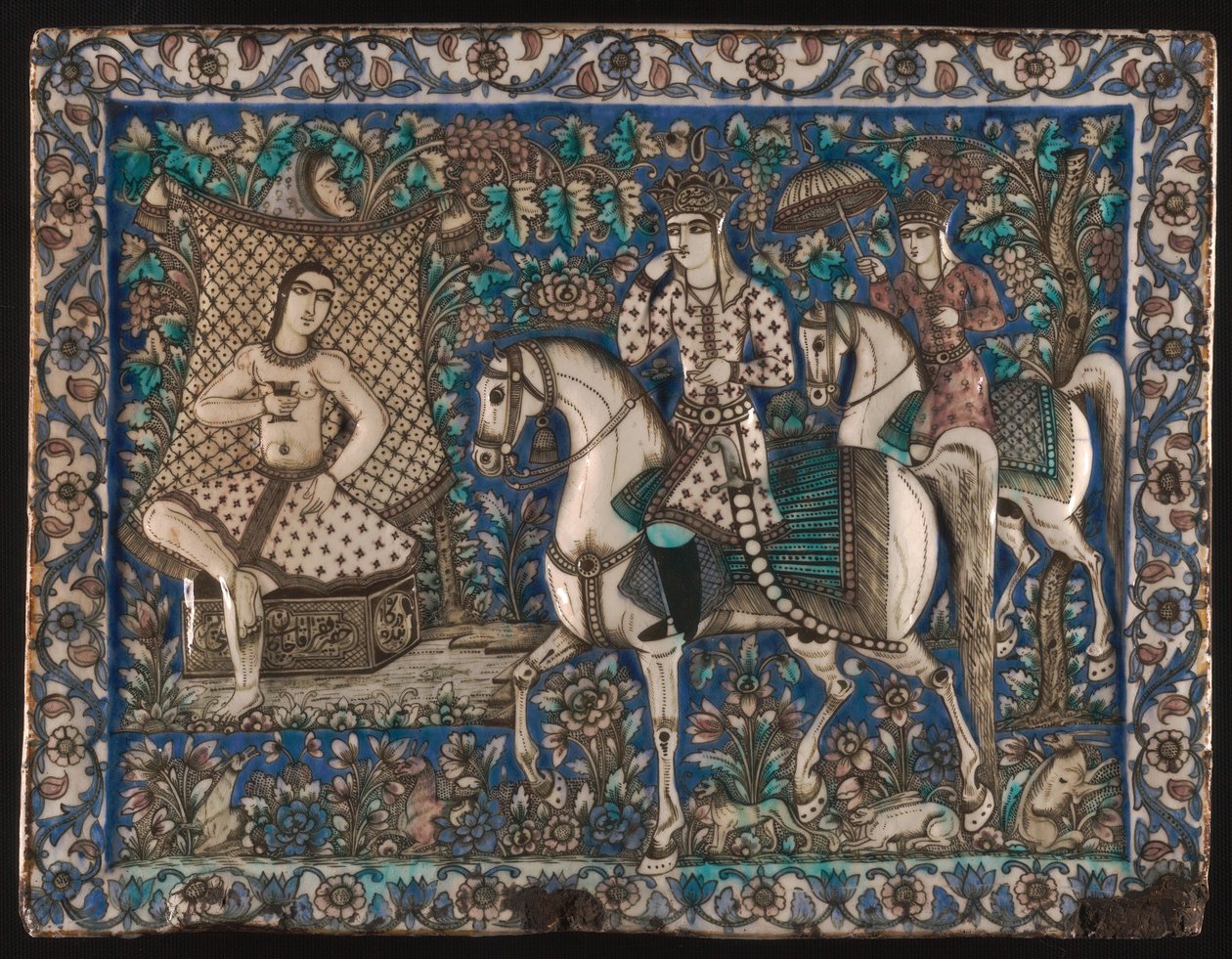 Fliese, die Khusrau zeigt, wie er auf Shirin beim Baden trifft von Unknown artist