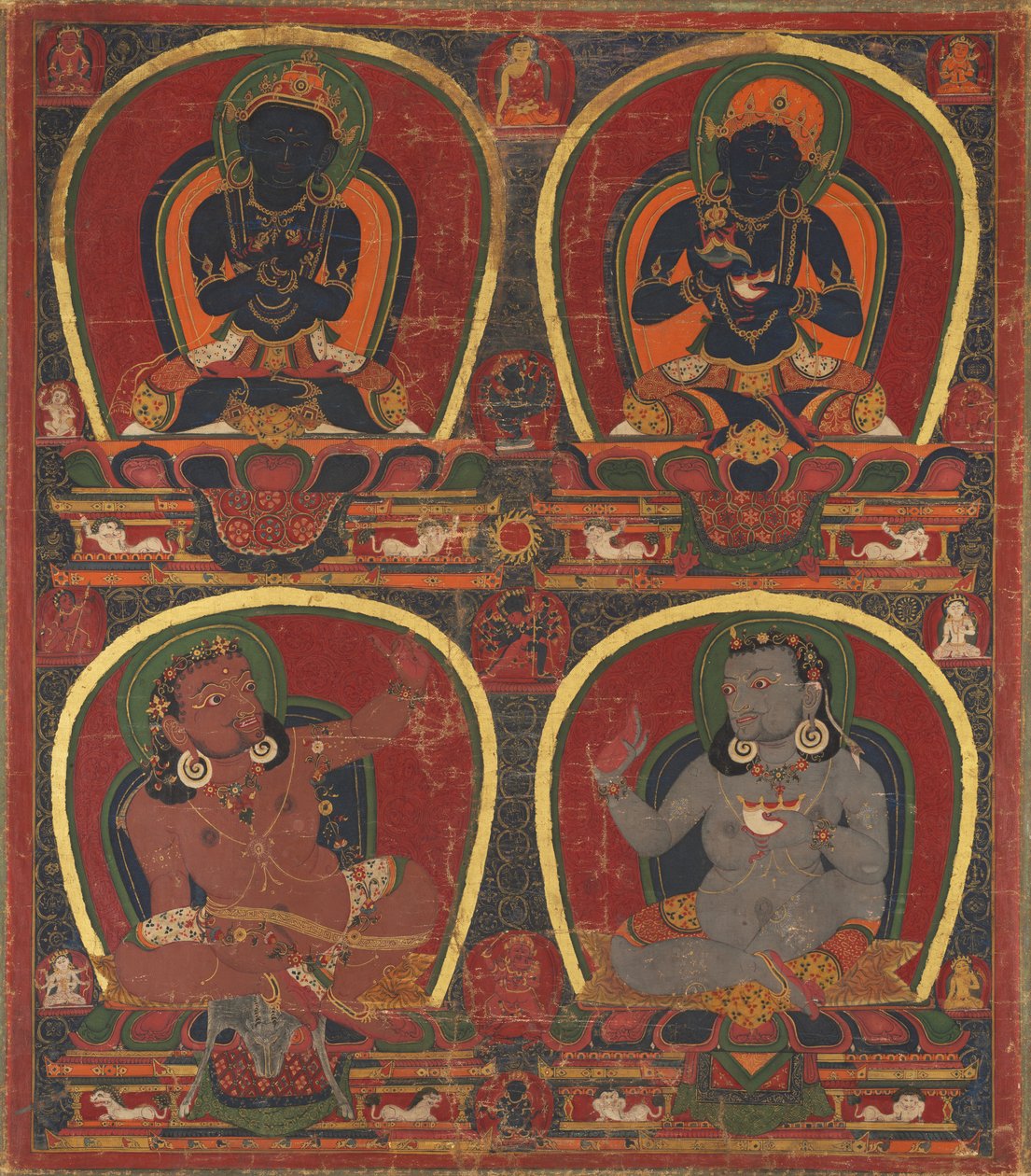 Vajradhara, Nairatmya und Mahasiddhas Virupa und Kanha von Unknown artist
