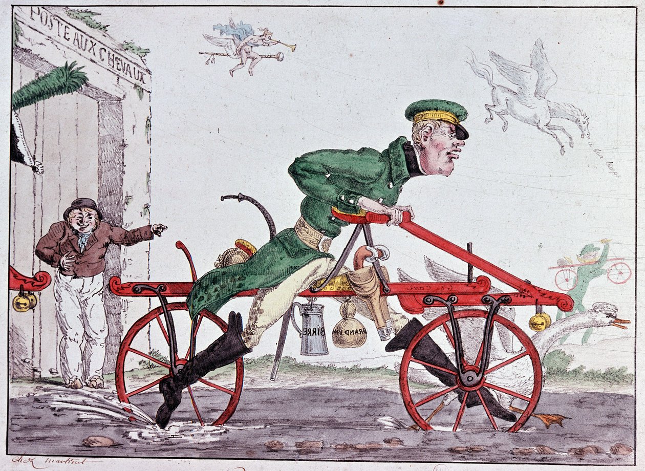 Velocipedes Draisiennes - Karikatur über Baron Drais von Unknown artist