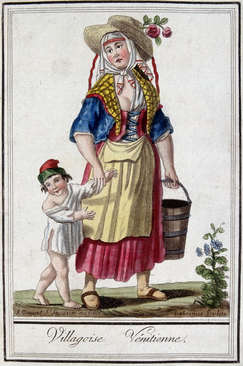 Venezianisches Dorf mit ihrem Sohn. Gravur aus dem 18. Jahrhundert von Unknown artist