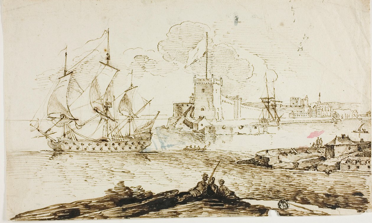 Ansicht des Hafens einer befestigten Stadt von Unknown artist