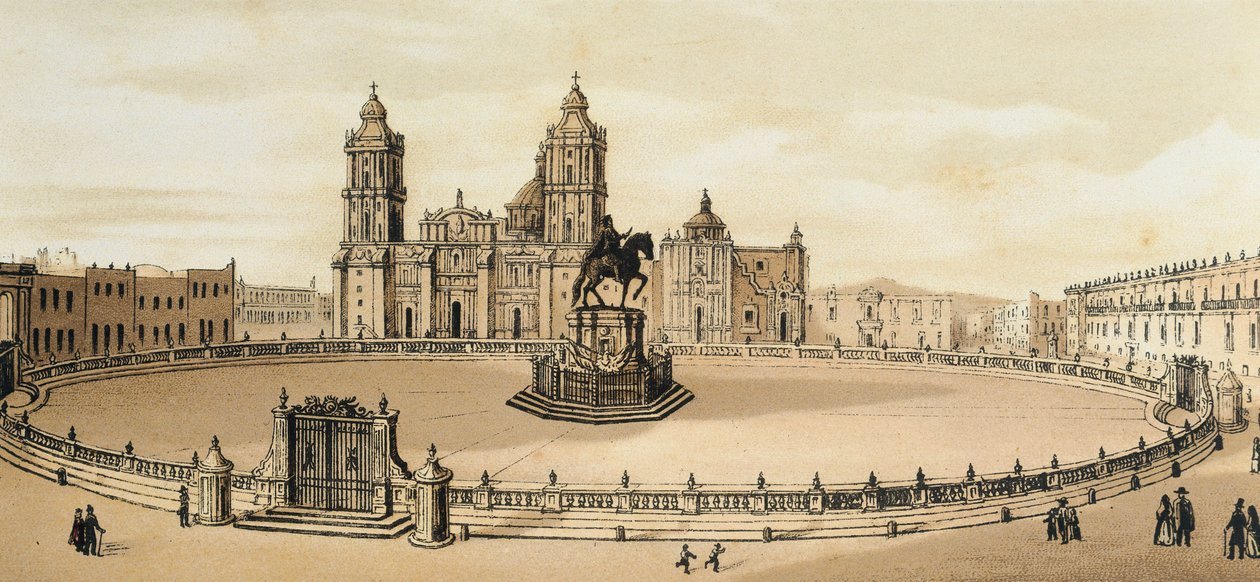 Ansicht des Zocalo-Platzes und der Kathedrale in Mexiko-Stadt, Mexiko. Lithographie aus dem späten 19. Jahrhundert von Unknown artist