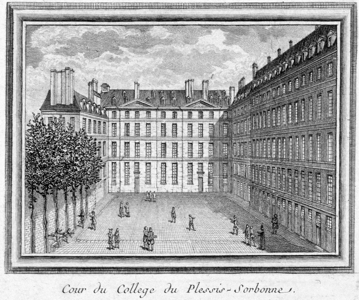 Ansicht des Hofes des Collège de Plessis Sorbonne (Paris), gegründet 1323 von Geoffroy du Plessis Balisson, genutzt 1848 und 1849 von der ENA. Gravur im Musée Carnavalet aufbewahrt von Unknown artist