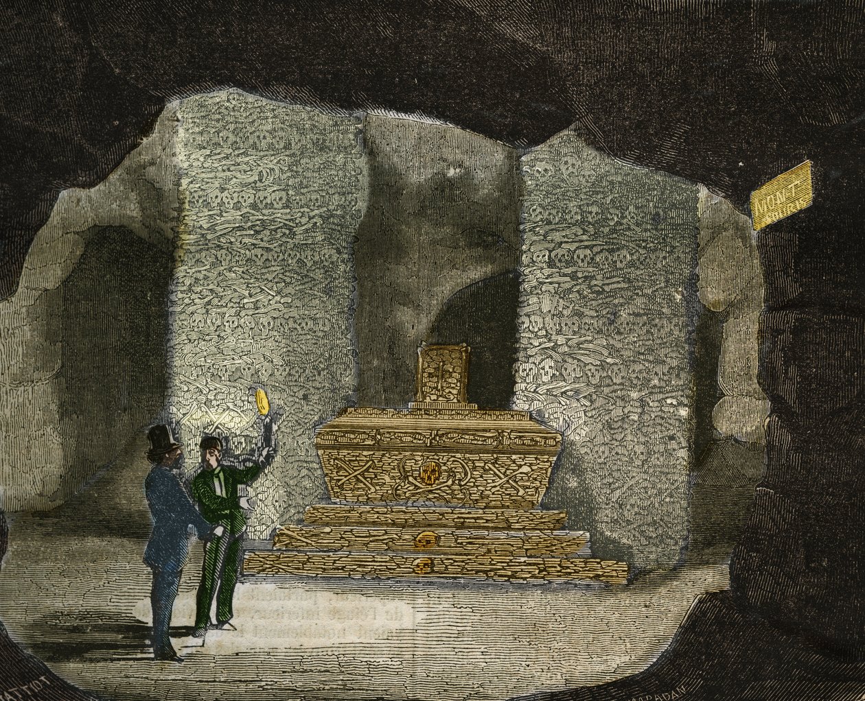 Ansicht des Beinhauses der Katakomben von Montsouris in Paris. Gravur von 1856 in „Le Musee Des Sciences“ von Unknown artist