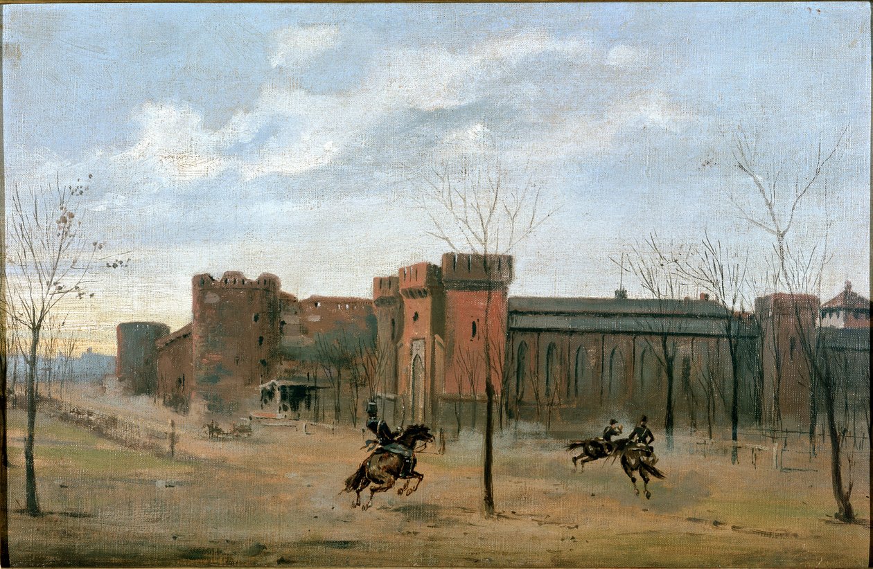 Blick auf das Schloss Sforza mit Kavallerietraining (Gemälde) von Unknown artist
