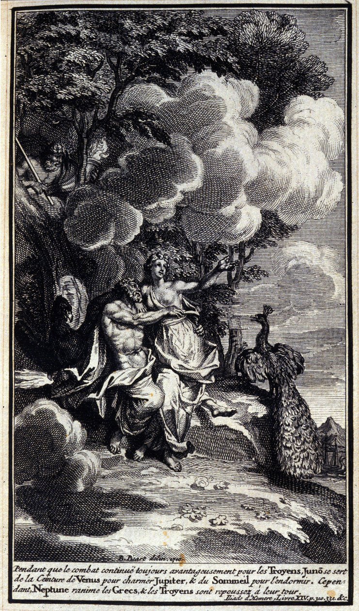 Während der Kampf weiterhin zugunsten der Trojaner verläuft, benutzt Juno den Gürtel der Venus, um Jupiter zu bezaubern, und Schlaf, um ihn einzuschläfern. Neptun belebt jedoch die Griechen wieder und die Trojaner werden zurückgedrängt. Illustration aus Bu von Unknown artist