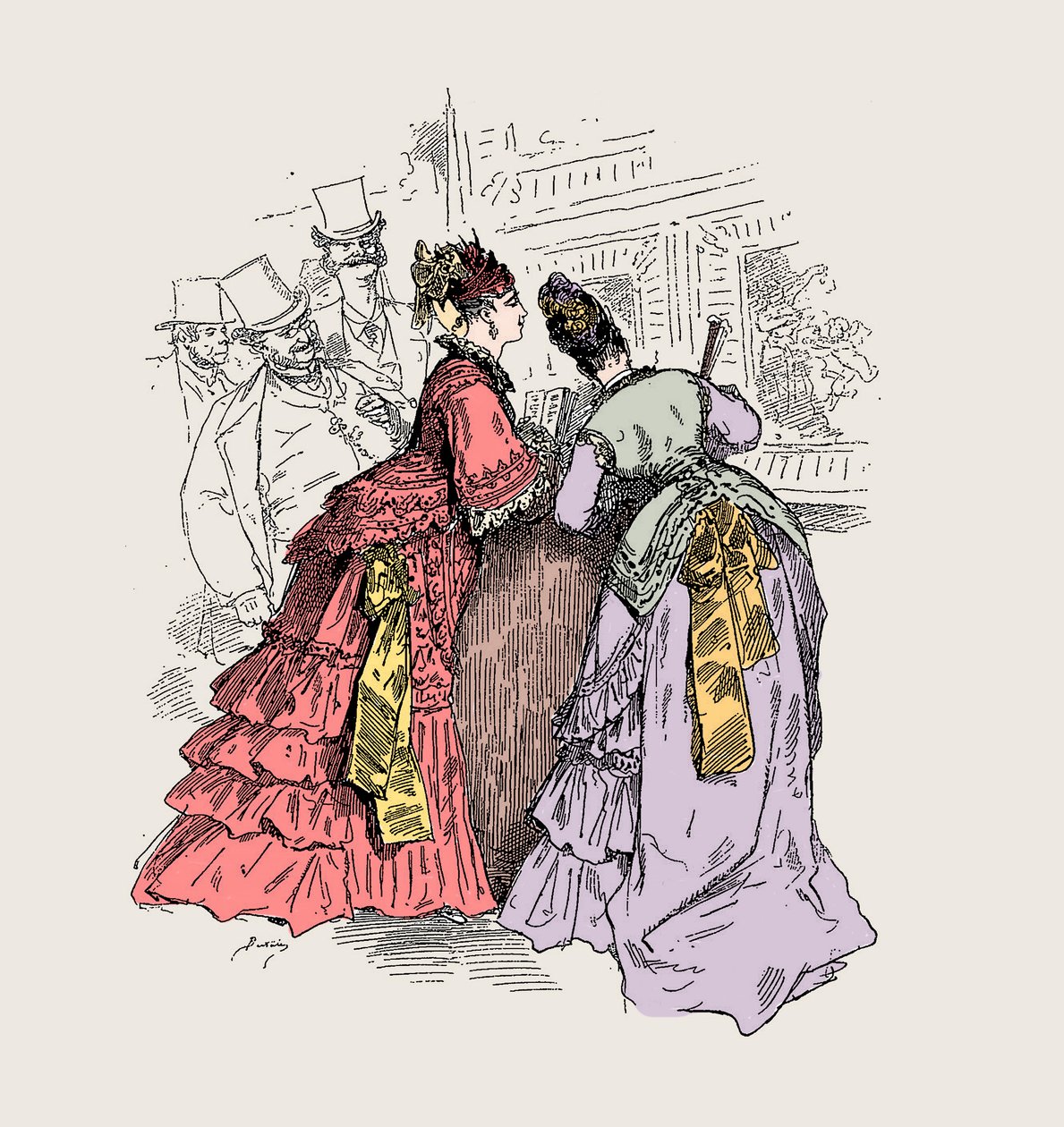 Frau in einem Museum: „Wenn ich Ihnen sage, dass es ein Kleid von Worth ist, erkenne ich den Stil“ (Charles Frederick Worth 1825-1895) - Illustration von Charles Albert d