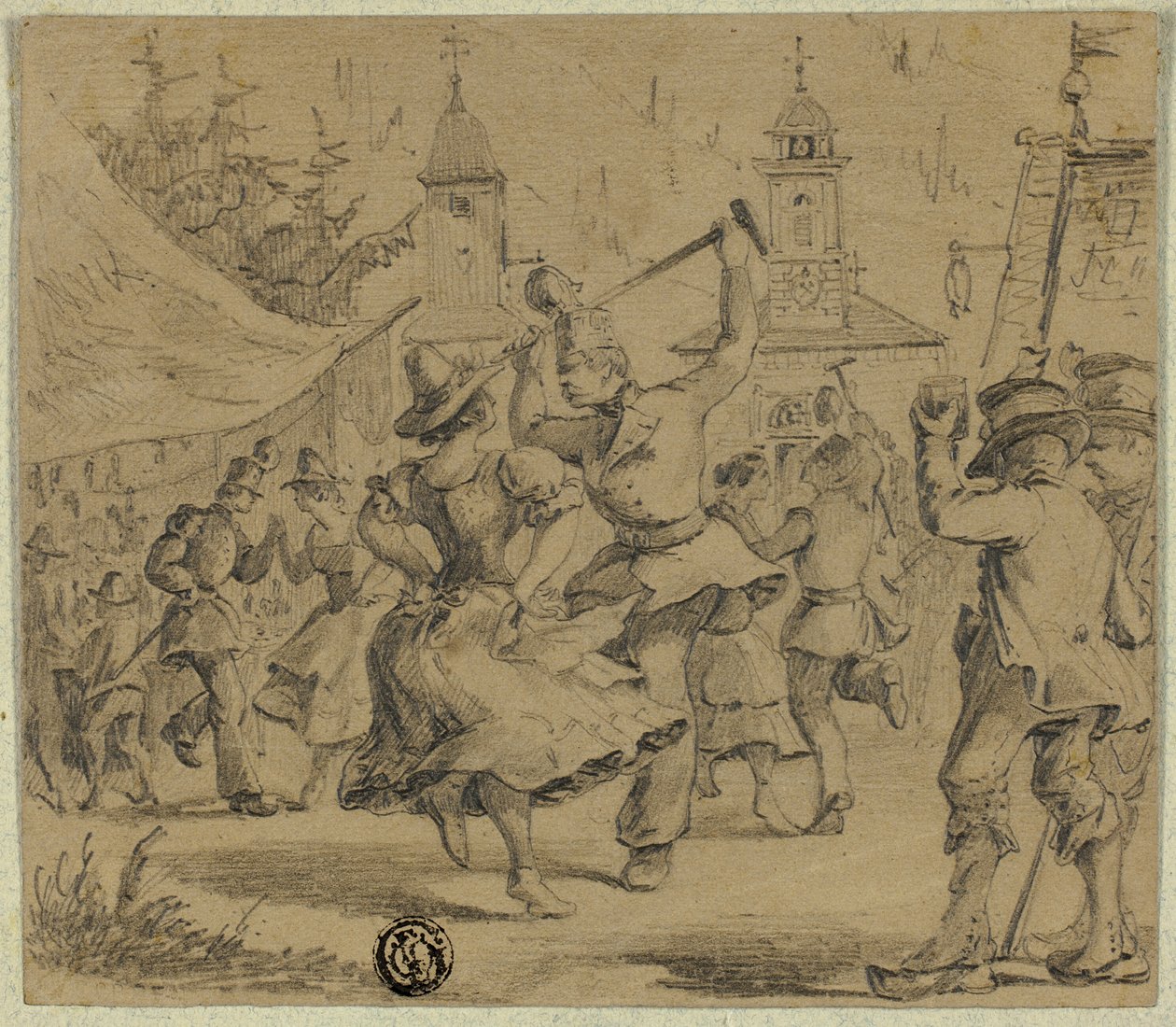 Frauen und Soldaten tanzen auf dem Dorfplatz von Unknown artist