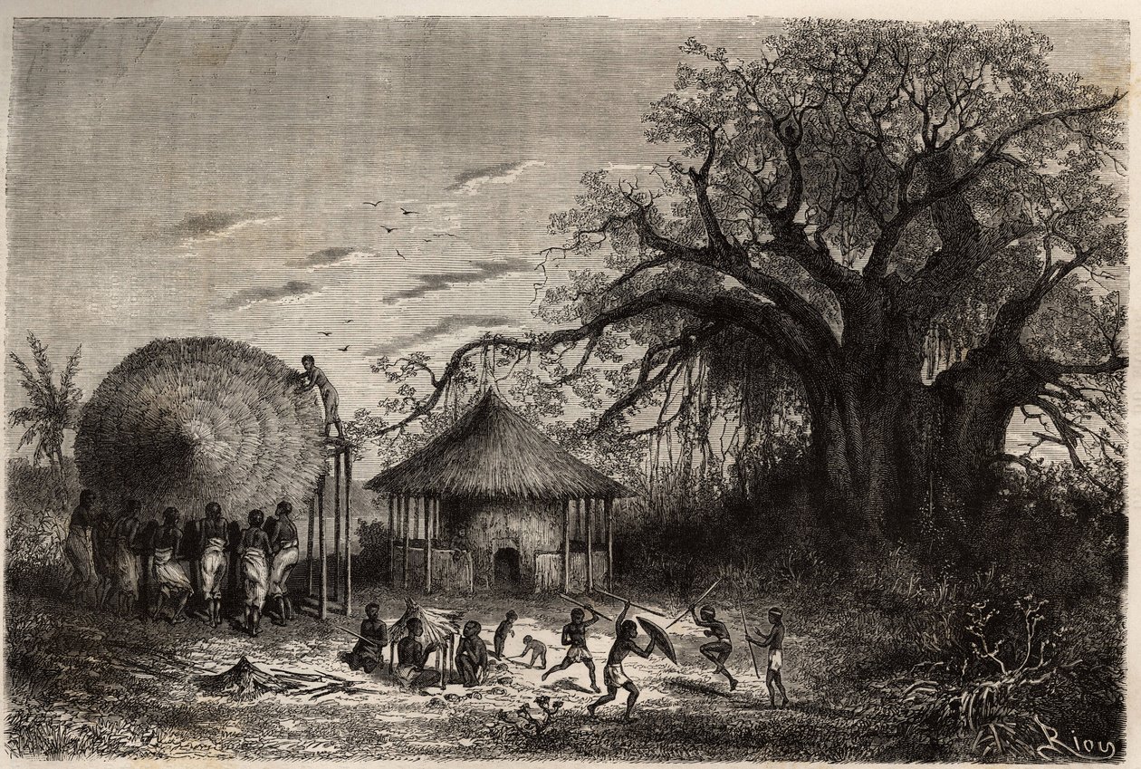 Frauen von den Ufern des Sambesi winken Hütten und im Vordergrund spielen Kinder. Gravur zur Illustration von Dr. Livingstones ersten Reisen nach Südafrika von 1840 bis 1856, in „Le tour du monde, nouveau journal des voyages“ veröffentlicht unter der Leitu von Unknown artist