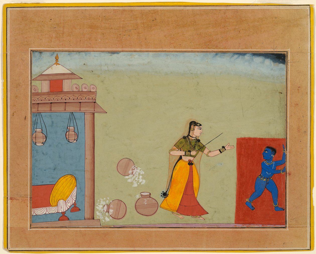 Yashoda bestraft ihren Pflegesohn, den jungen Krishna, Seite aus einem Manuskript des Bhagavata Purana von Unknown artist