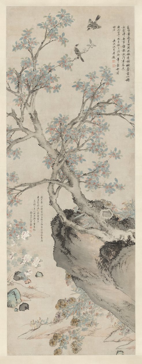 Gelbe Chrysanthemen und Roter Osmanthus im Stil von Wang Yuan von Unknown artist