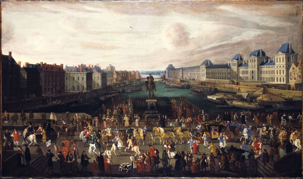 Der Pont-Neuf, gesehen vom Eingang des Place Dauphine, der Quai Malaquais mit dem im Bau befindlichen Collège des Quatre-Nations, die Grande Galerie und der Louvre, um 1665. Passage eines Zuges auf der Brücke, zwischen 1665 und 1669 von Unknown artist