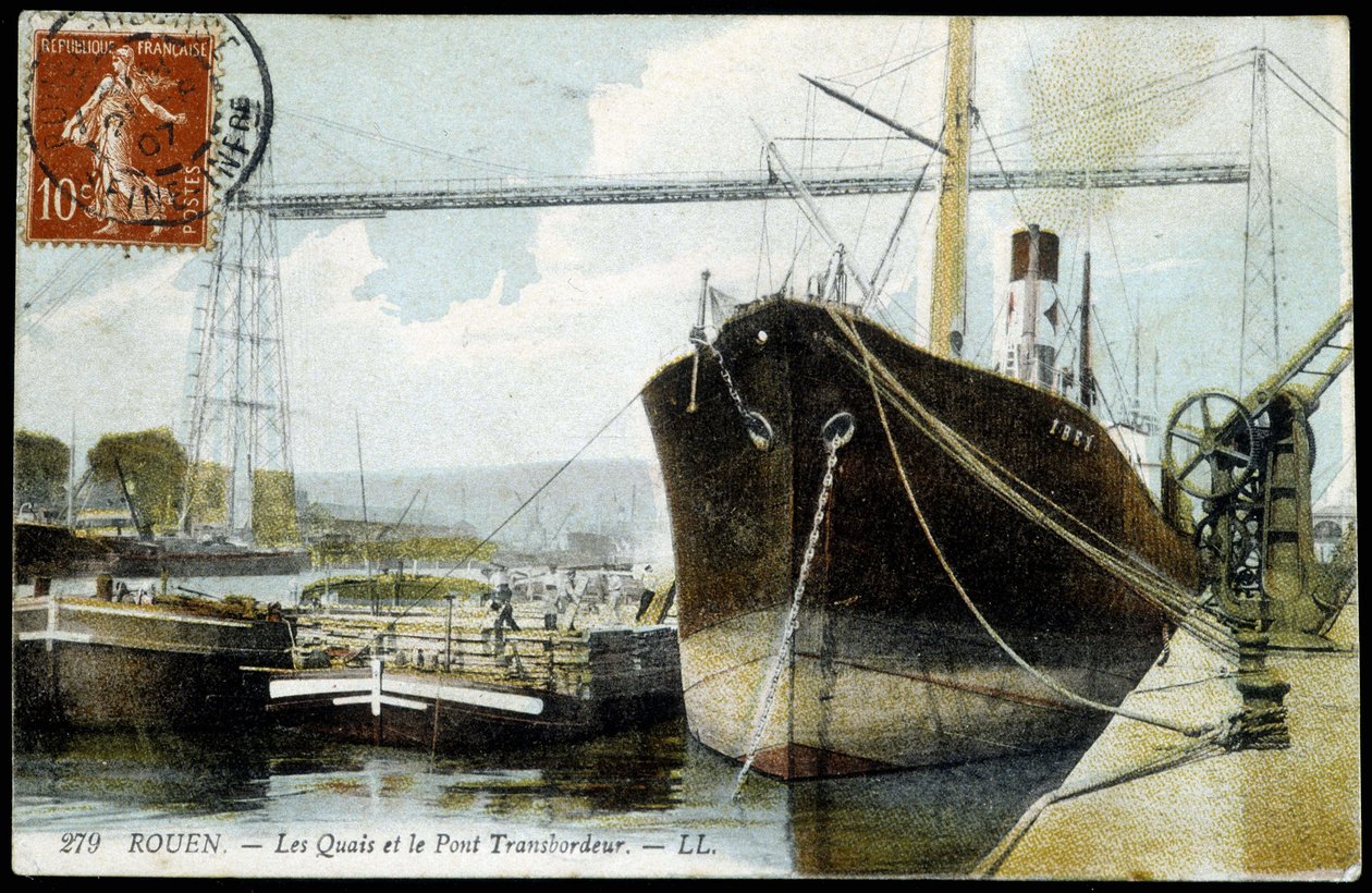 Postkarte vom Anfang des 20. Jahrhunderts. Normandie, Rouen: Die Docks und die Fährbrücke. von Unknown photographer