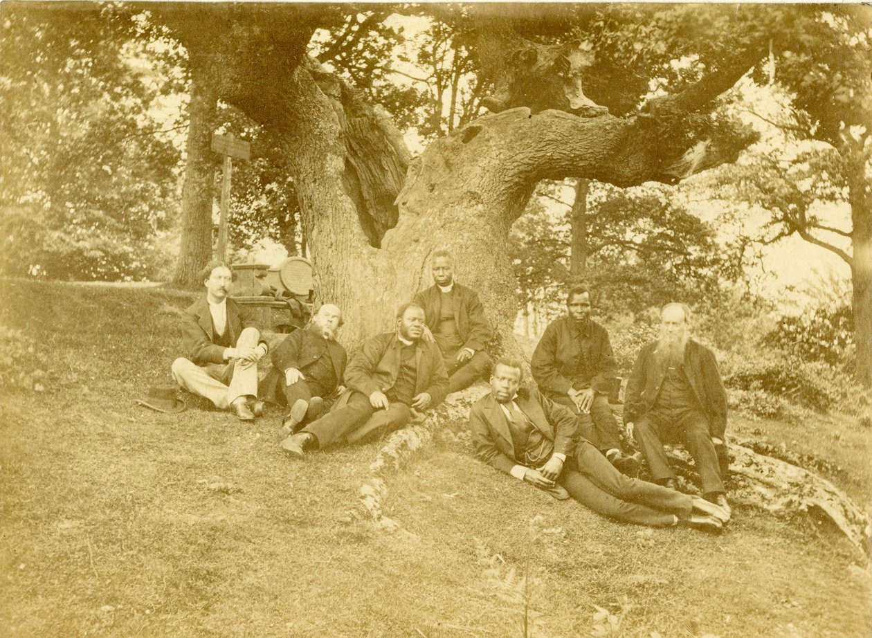 Sieben der führenden Mitglieder der Church Missionary Society in Sierra Leone und Nigeria sitzen unter der Wilberforce-Eiche in Keston, Kent, Vereinigtes Königreich von Unknown photographer