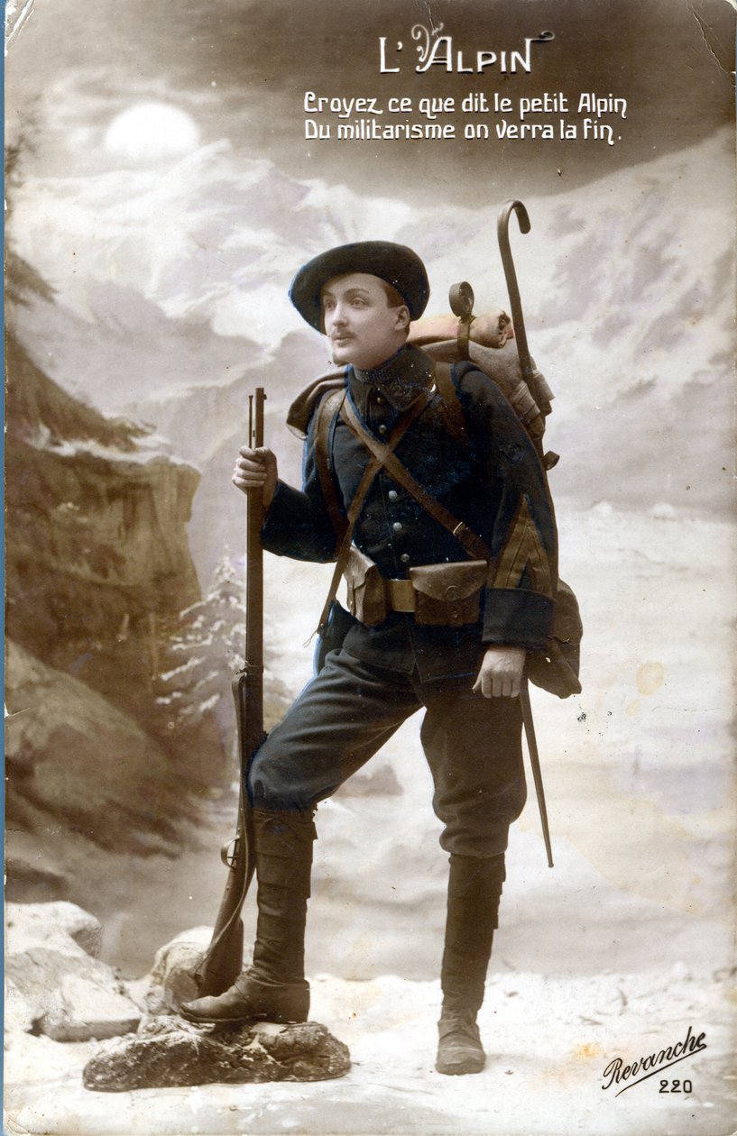 Erster Weltkrieg Postkarte, Alpenjäger. „Glaubt, was der kleine Alpensoldat sagt, der Militarismus wird ein Ende finden.“ von Unknown photographer