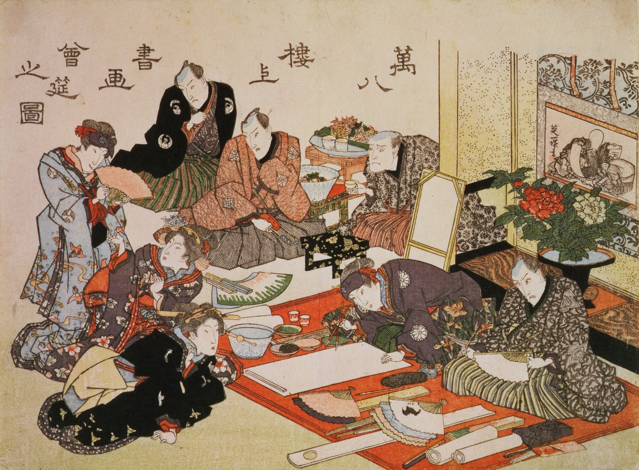 Mal- und Kalligrafie-Party im Manpachiro-Teesalon, 1827 (Farbholzschnitt) von Utagawa Kunisada