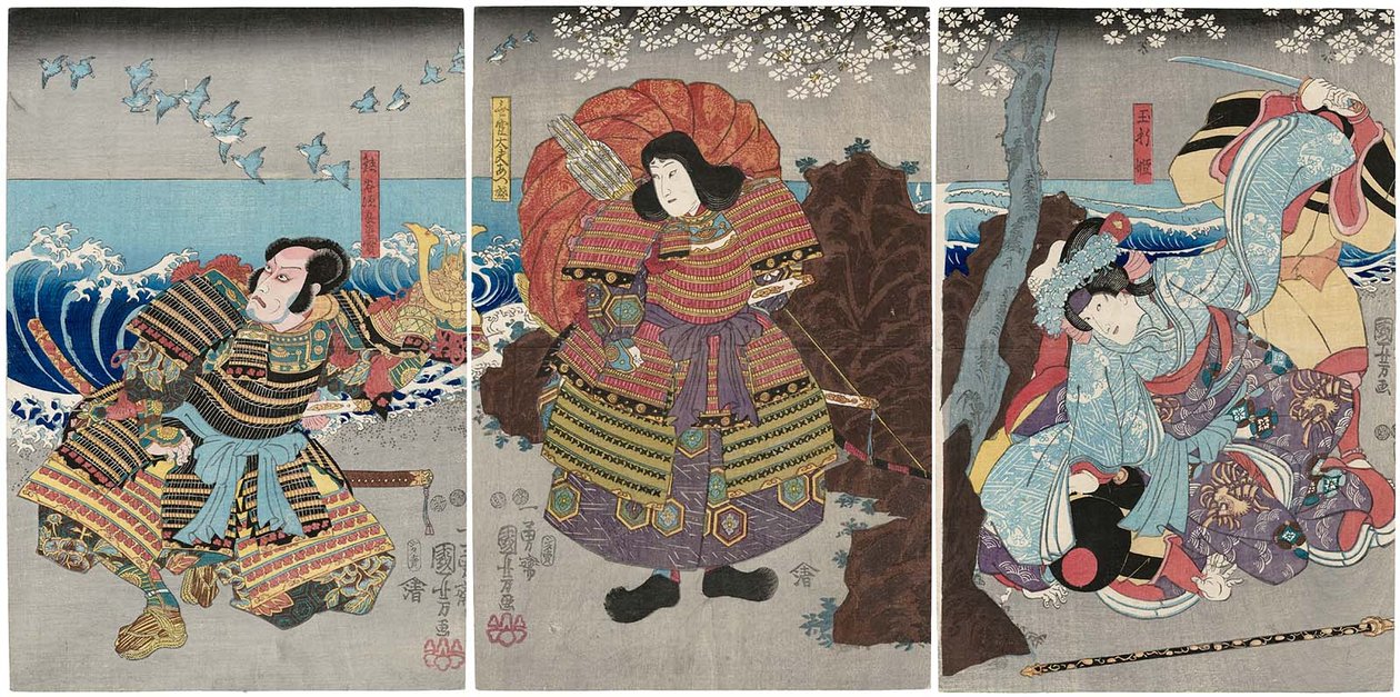 Schauspieler Iwai Kumesaburo III als Tamaori-hime, Ichikawa Saruzo I als Mukan Dayu Atsumori und Ichikawa Ebizo V als Kumagai Jiro Naozane von Utagawa Kuniyoshi
