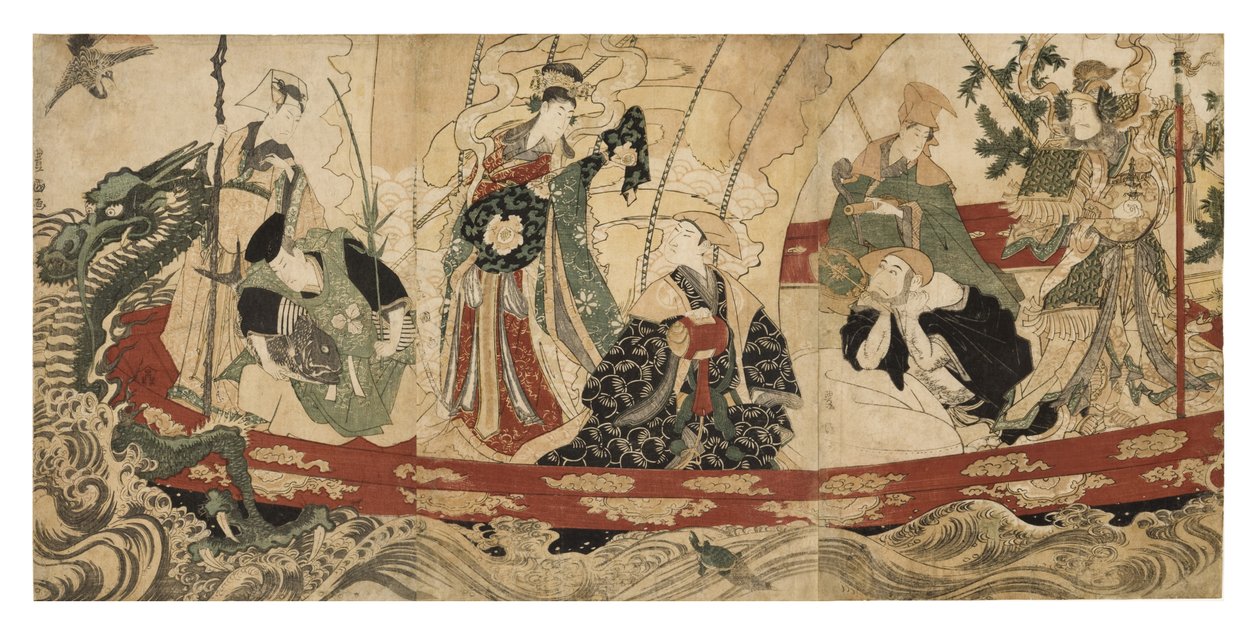 Schauspieler als die sieben Glücksgötter auf einem Schatzschiff, 1800-05 von Utagawa Toyokuni