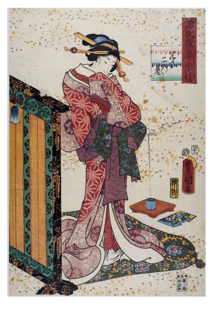 Dame mit Hand auf lackiertem Schirm, Edo-Periode, ca. 1857 von Utagawa (1786-1865) Kunisada