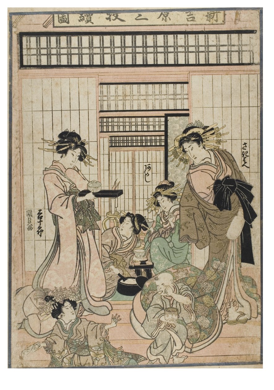 Szene aus dem Shin Yoshiwara (Triptychon). Bordellinterieur im Yoshiwara-Viertel mit Kurtisanen und Kunden, um 1830-1843 (Holzschnitt auf Papier) von Utagawa (1786-1865) Kunisada