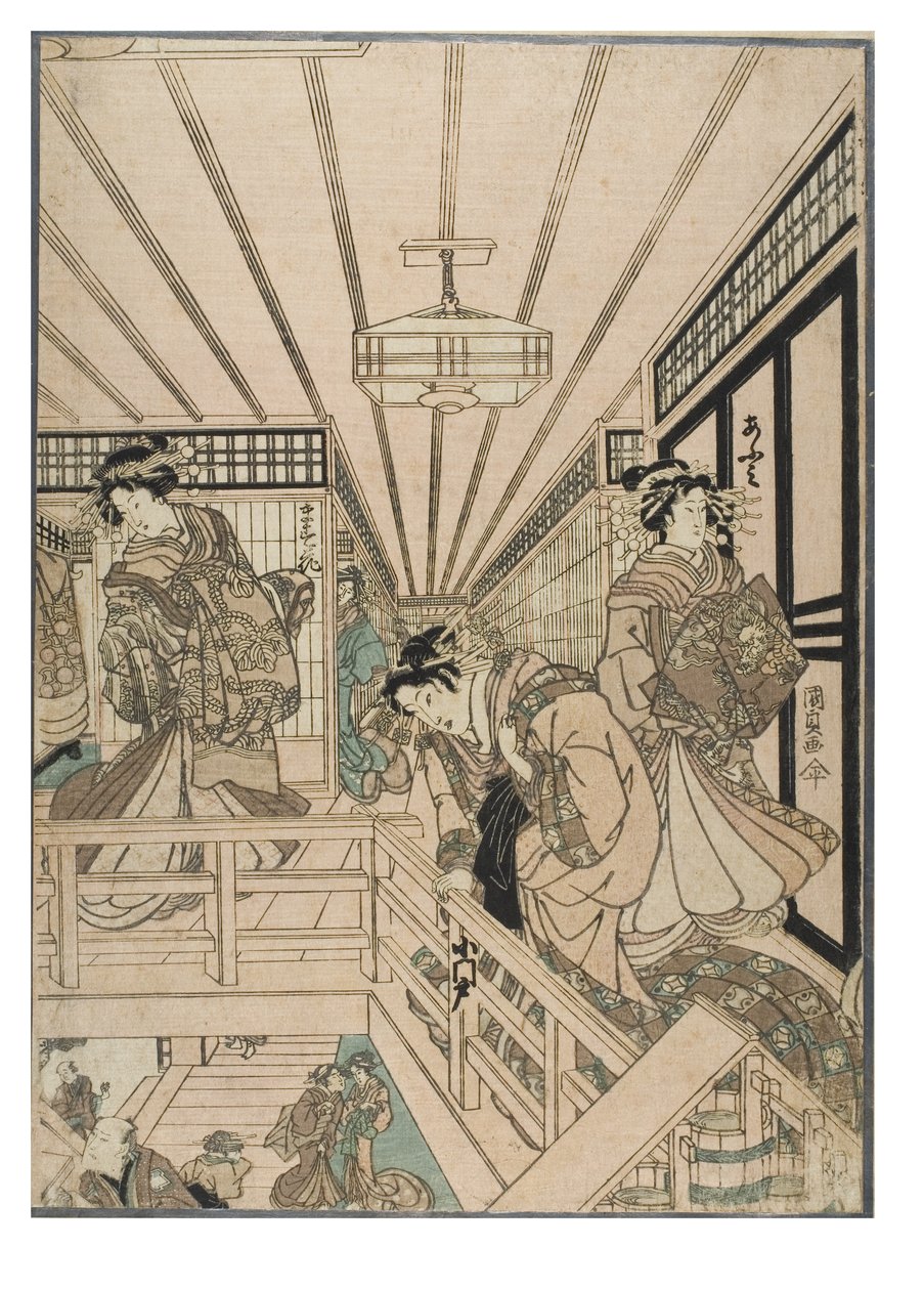 Szene aus dem Shin Yoshiwara (Triptychon). Bordellinterieur im Yoshiwara-Viertel mit Kurtisanen und Kunden, um 1830-1843 von Utagawa (1786-1865) Kunisada