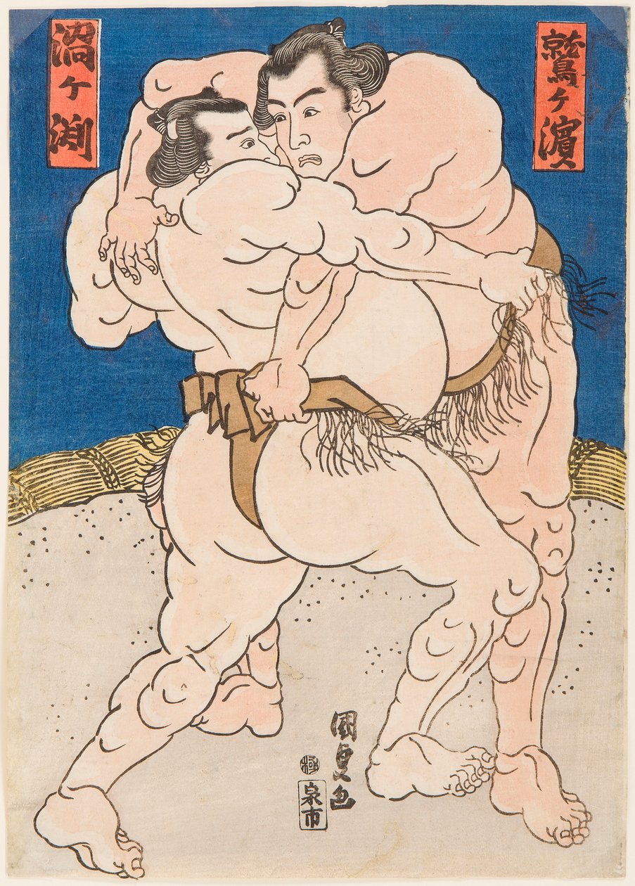 Kampf der Sumo-Ringer Uzugafuchi und Washigahama. Druck von Utagawa Kunisada (1786-1865), um 1830 von Utagawa Kunisada