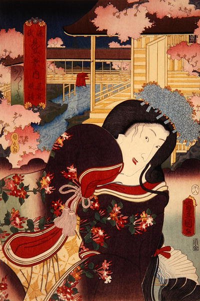 Hana-no-en bansho Katsuragi Genji mitate hakkei no uchi (Blumenbankett, Abendglocke: Katsuragi), ca. 1808-58 von Utagawa Kunisada