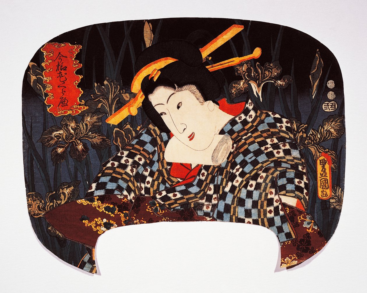 Porträt einer Kurtisane mit Iris im Hintergrund von Utagawa Kunisada