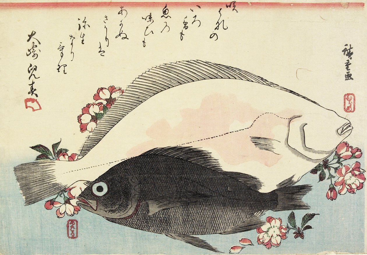 Flunder und Schwarzbarsch, Kirschblüten von Utagawa Hiroshige