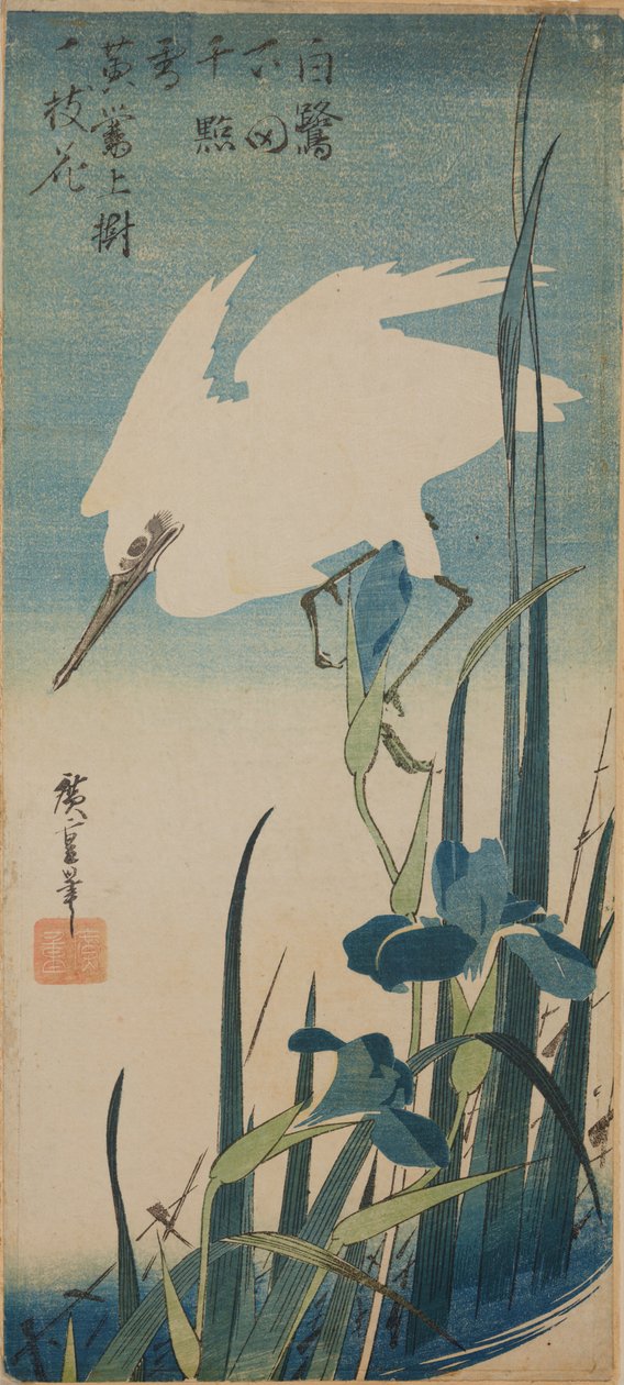 Weiße fliegende Reiher und blaue Schwertlilien / Shobu to shirasagi von Utagawa Hiroshige