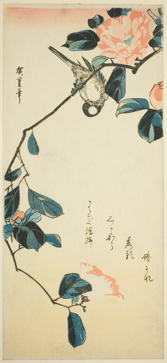 Gimpel auf Kamelienzweig von Utagawa Hiroshige