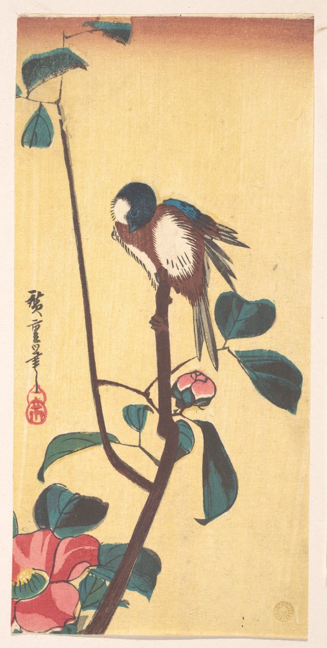 Kamelie und Blaukopf-Vogel von Utagawa Hiroshige