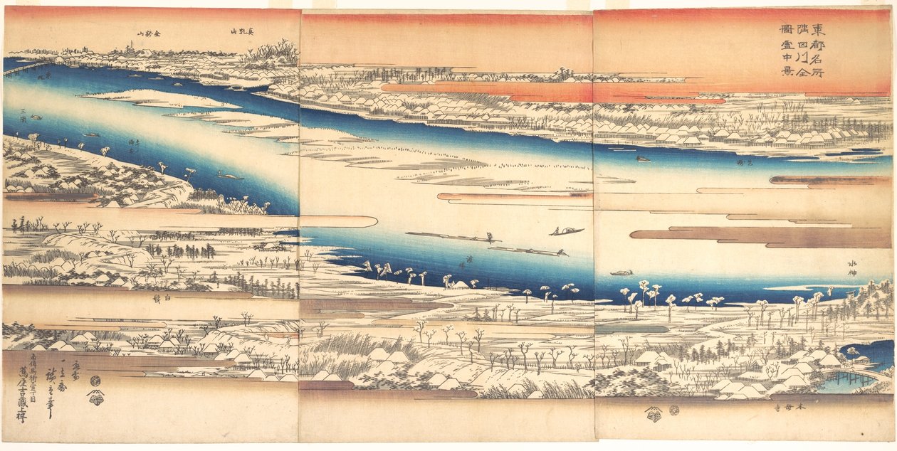 Berühmte Orte in der östlichen Hauptstadt: Panoramablick auf den Sumida-Fluss im Schnee von Utagawa Hiroshige