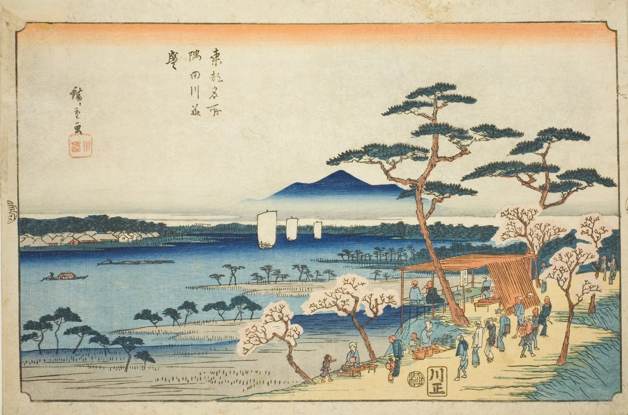 Kirschblüten in voller Blüte entlang des Sumida-Flusses, aus der Serie "Berühmte Orte in der östlichen Hauptstadt" von Utagawa Hiroshige