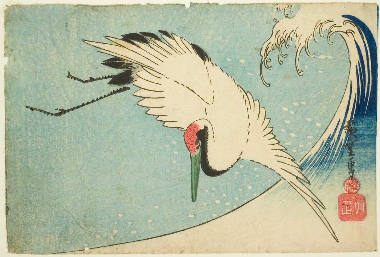 Kranich fliegt über Welle von Utagawa Hiroshige