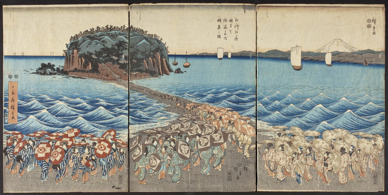 Menschenmengen besuchen den Schrein von Benzaiten in Enoshima in der Provinz Sagami anlässlich der Sonderbesichtigung von Utagawa Hiroshige