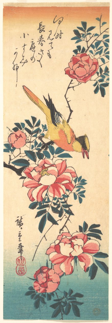 Östliche Grauwasserstelze und Rose von Utagawa Hiroshige