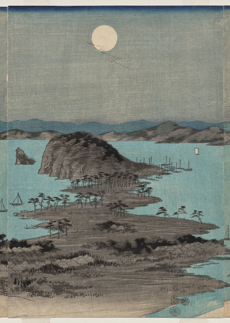 Abendansicht der acht berühmten Orte in der Nähe von Kanazawa bei Vollmond in der Provinz Musashi von Utagawa Hiroshige