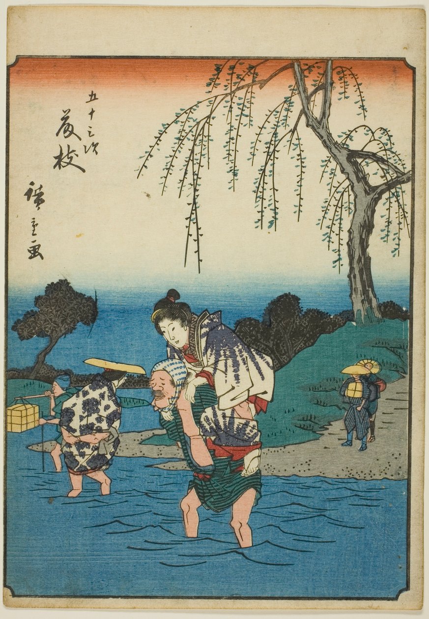 Fujieda, aus der Serie "Dreiundfünfzig Stationen [des Tokaido] (Gojusan tsugi)," auch bekannt als die Figuren-Tokaido (Jinbutsu Tokaido) von Utagawa Hiroshige