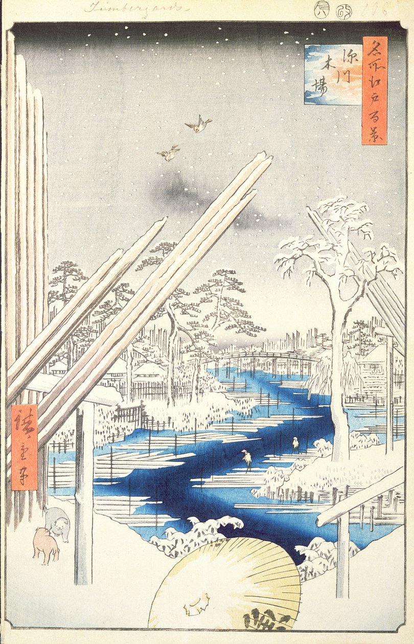 Fukagawa-Holzlager, Nr. 106 aus Einhundert berühmte Ansichten von Edo, 1856 von Utagawa Hiroshige