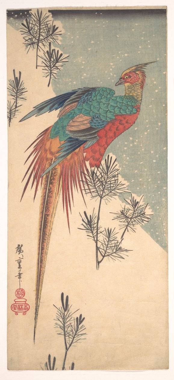 Goldfasan und Kiefersprossen im Schnee von Utagawa Hiroshige