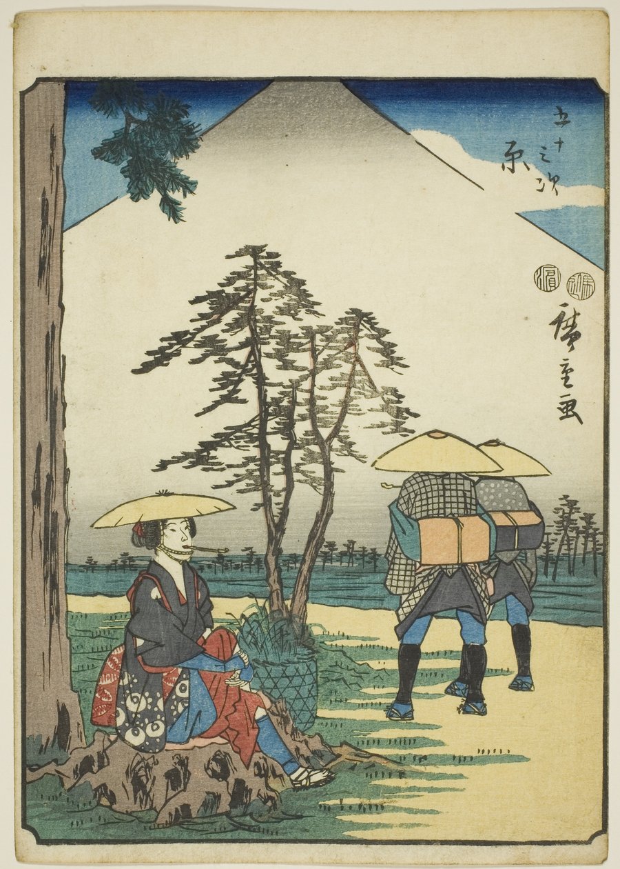 Hara, aus der Serie "Dreiundfünfzig Stationen [des Tokaido] (Gojusan tsugi)," auch bekannt als der Figuren-Tokaido (Jinbutsu Tokaido) von Utagawa Hiroshige
