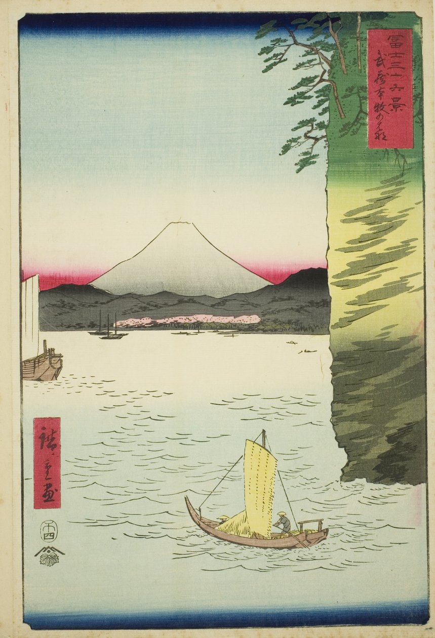 Honmoku in der Provinz Musashi (Musashi Honmoku no hana), aus der Serie "Sechsunddreißig Ansichten des Berges Fuji (Fuji sanjurokkei)" von Utagawa Hiroshige