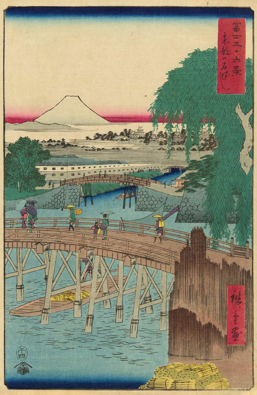Ichikoku-Brücke in der östlichen Hauptstadt (Toto Ichikokubashi), aus der Serie "Sechsunddreißig Ansichten des Berges Fuji (Fuji sanjurokkei)" von Utagawa Hiroshige